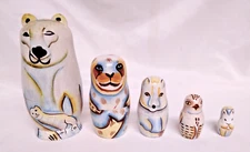VTG RUSSIAN MATRYOSHKA NESTING DOLLS ANIMAL THEME BEAR OWL BUNNY WALRUS DOG