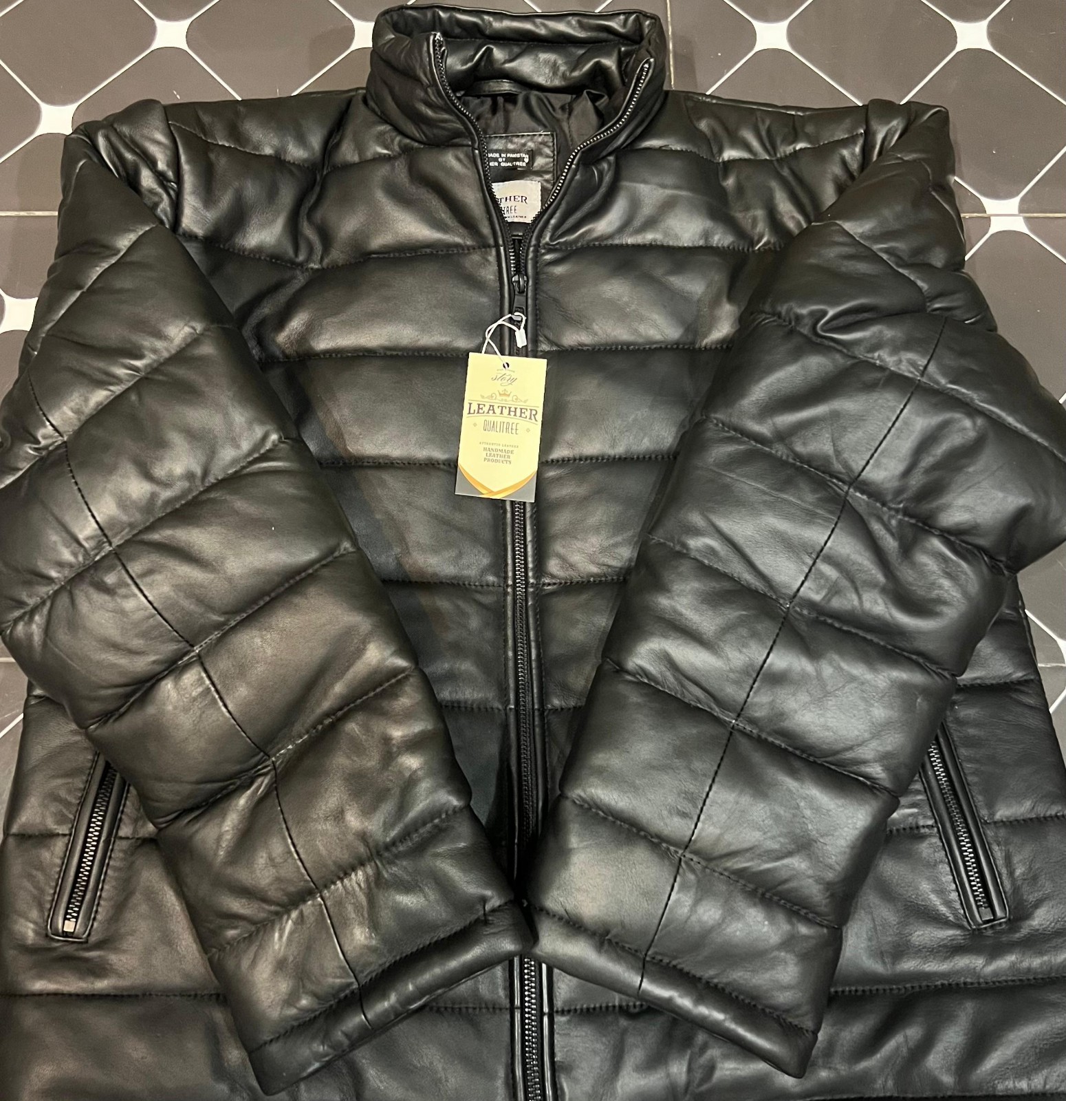 Men Real Leather Puffer Jacket Soft Lambskin Black Quilted Padded Winter Jacket - second product detail image