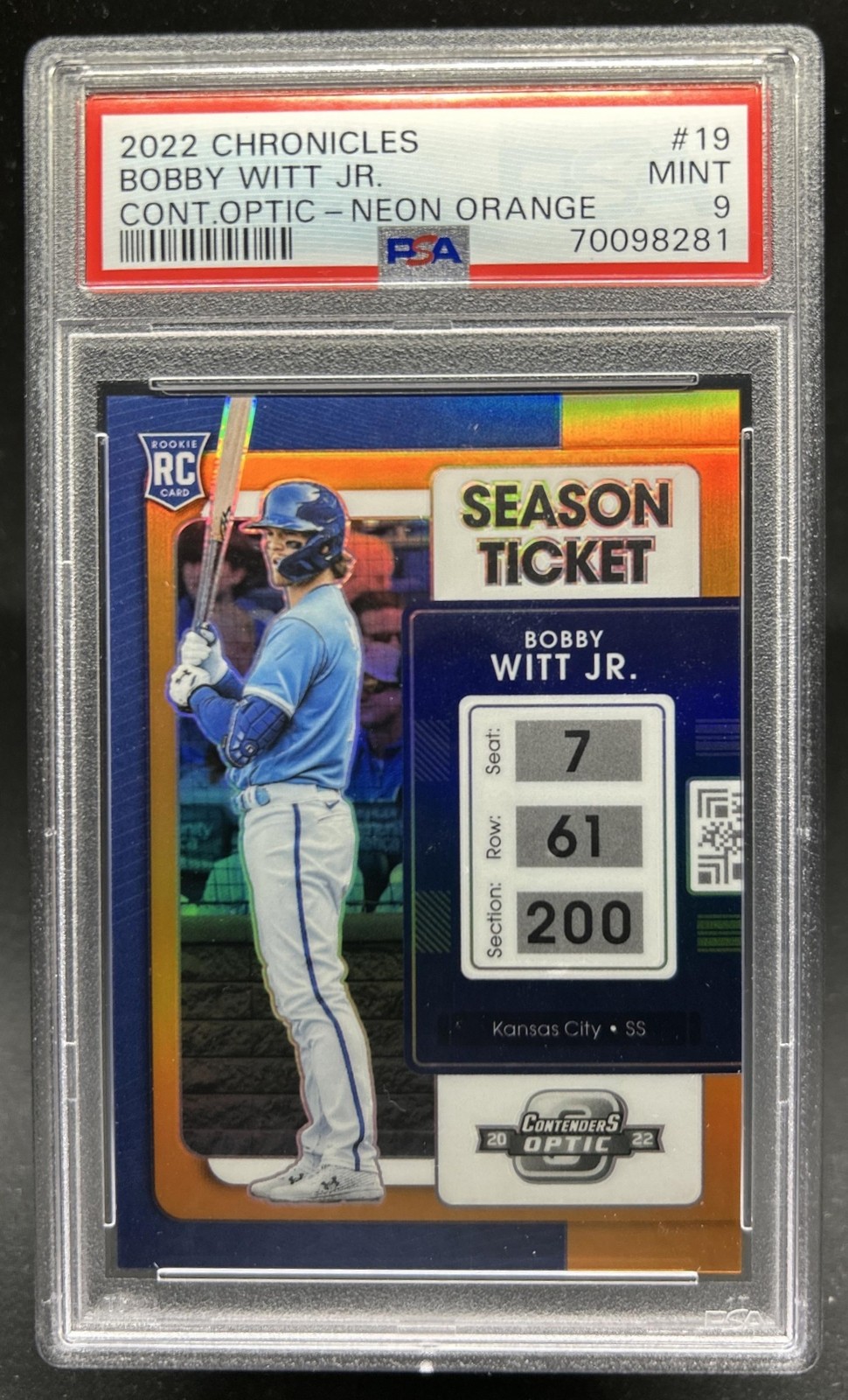 2022 Chronicles Bobby Witt Jr. Contenders Optic RC Neon Orange #/19 Royals PSA 9