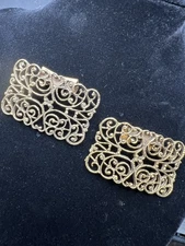 Vtg Mid Century Signed Musi Filigree Gold Tone Shoe Clips Buckles 2