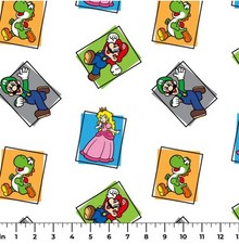 Cotton Mario Character Block Video Games White Fabric Print by Yard D601.22