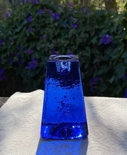 Fire And Light Signed Cobalt Blue 4”Recycled Art Glass Candle Holder