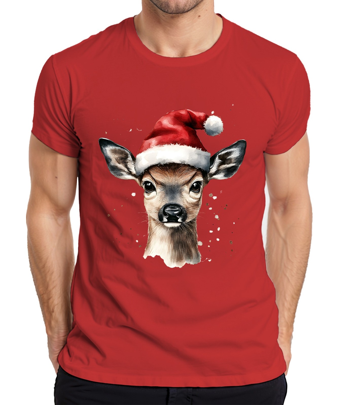 Cute Fawn Santa Hat Christmas Gift Watercolor Vintage Mens T-Shirt