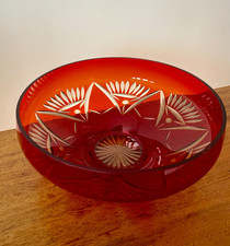 Large vintage style Bohemian Czech glass fruit bowl, deep red cut to clear