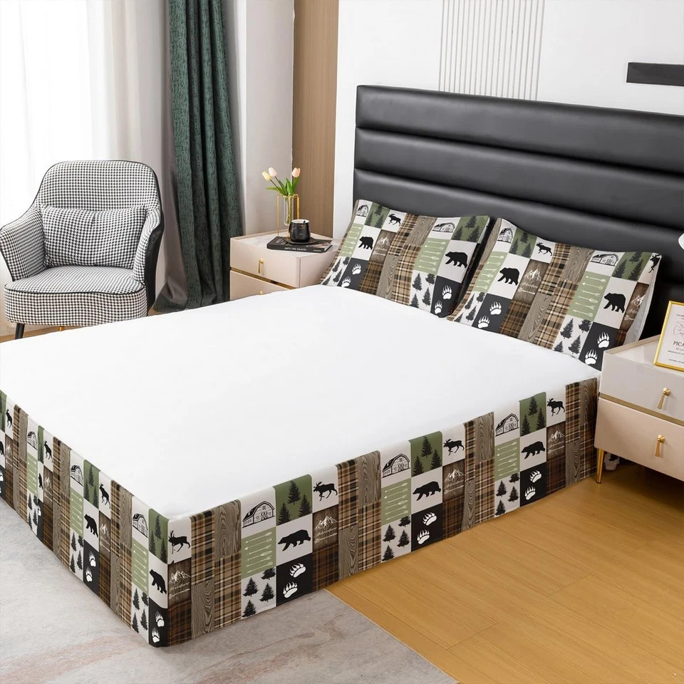 Олень кровать юбка королевский размер, медведь коготь сосны геометрические Plaids юбка для кровати 3шт для K... - Изображение 2 из 4
