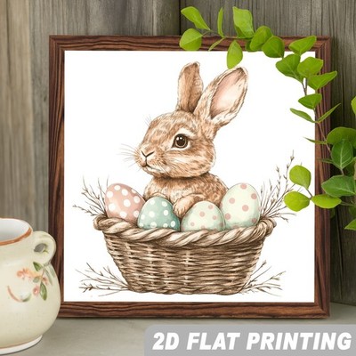 Watercolor Bunny In Easter Egg Basket Wooden Plaque Rustic Easter Decoration