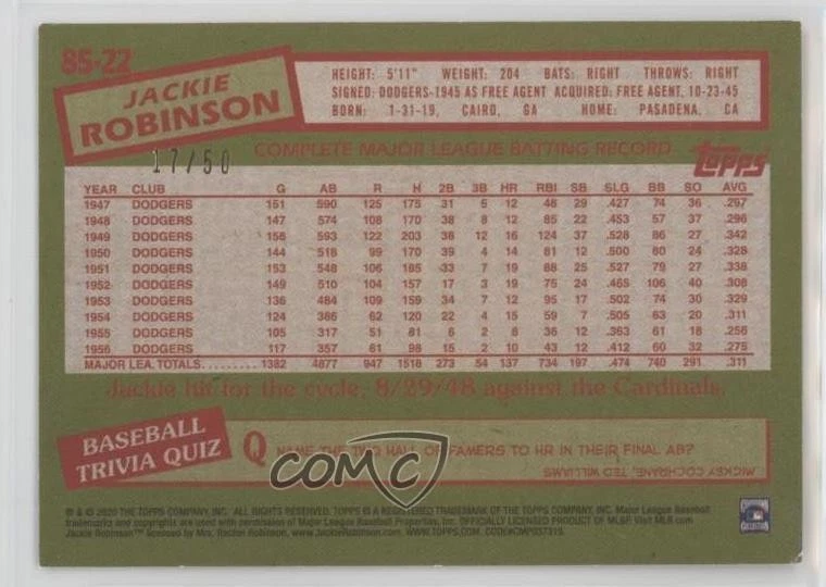 2020 Topps 1985 Topps Baseball Gold /50 Jackie Robinson #85-22 HOF - Image 2 of 2