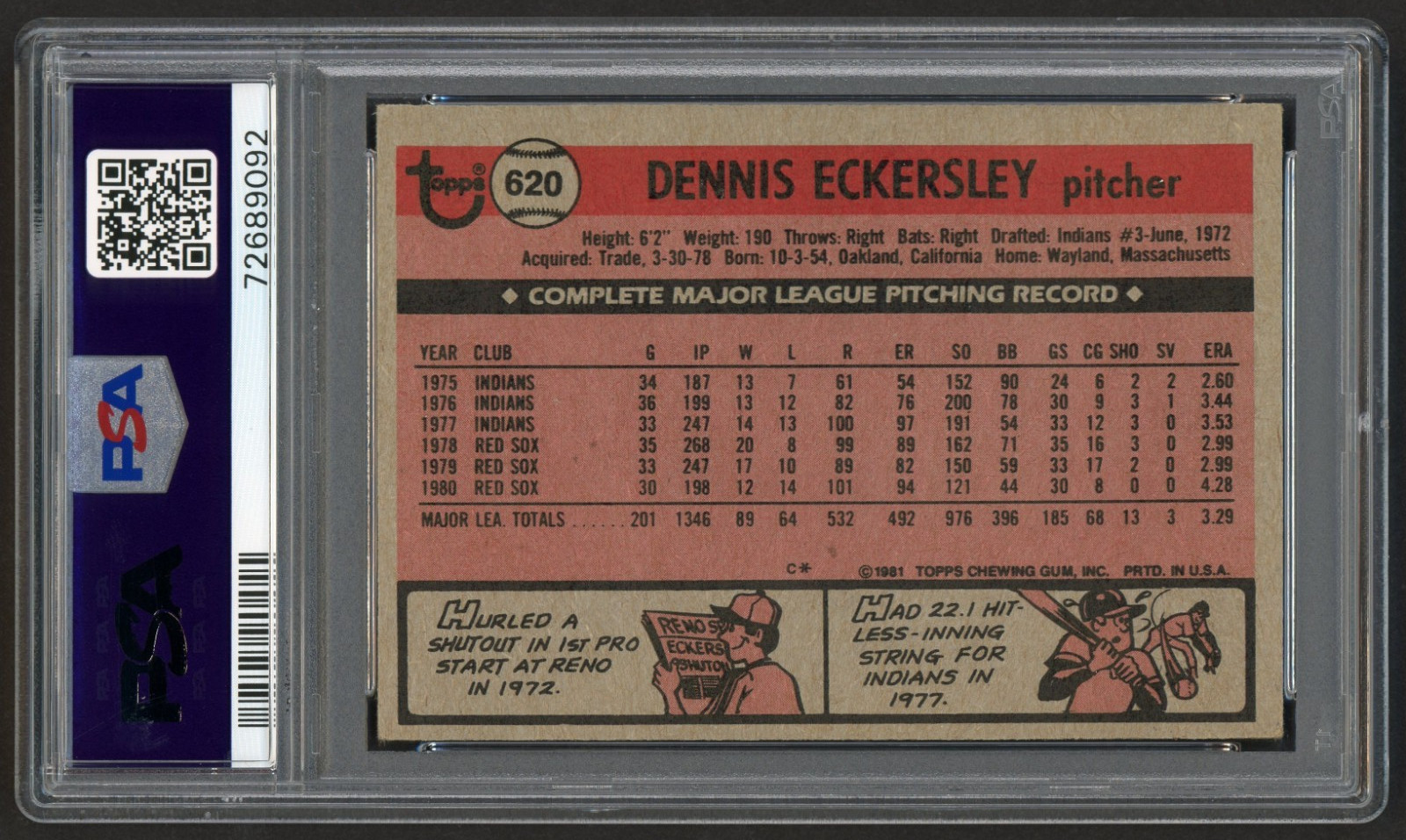 1981 TOPPS DENNIS ECKERSLEY #620 VINTAGE RED SOX ATHELTICS HOF ECK PSA 4 VG-EX view 2