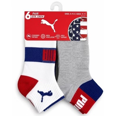 PUMA Men's 6 pair Quarter Crew Socks, 10-13 Red White Blue Grey World Cup NWT