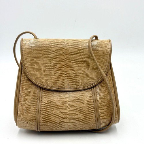 Yves Saint Laurent Embossed Lizard Leather Shoulder Bag Beige Womens Authentic