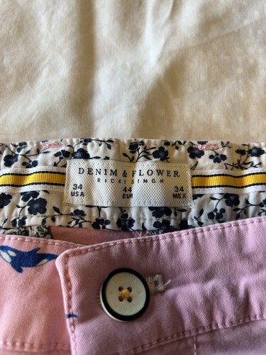 DENIM & FLOWER Pink Cotton Stretch Beach Shorts Orca Whale Contrast Hem Sz 34 - Picture 5 of 8