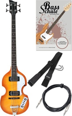 Tolles E-Bass Vintage Set im Redneckdesign, 2 Pickups, Perlmuttinlays & Zubehör