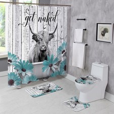 4 Pcs Farmhouse Cow Shower Curtain Sets with Rugs Wooden Bathroom Set Rustic ...