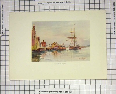 Original alter antiker Druck Farbansicht Yarmouth England Segelschiffe