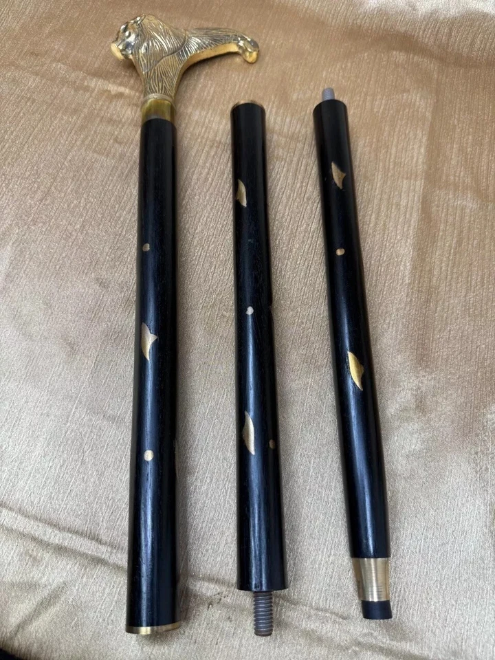 航海纯色黄铜狮子头手柄木制手杖拐杖黑色带金色 — 第 4/4 张图片