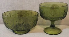 VTG 1978 & 1975 FTD GREEN GLASS Pedestal CANDY DISHES Treats OAK LEAF PATTERN- 2