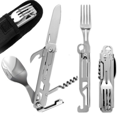 5in1 Portable Camping Utensil Detachable Stainless Steel Folding Flatware Set US