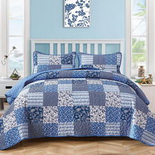 Blue Boho Quilt Set Queen Size,3 Pieces Plaid Floral Bedspread Coverlet Set for