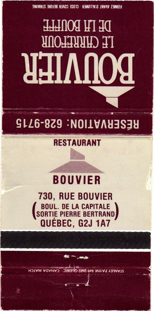 Quebec Canadá Restaurante Bouvier Le Carrefour Vintage Matchbook Cubierta
