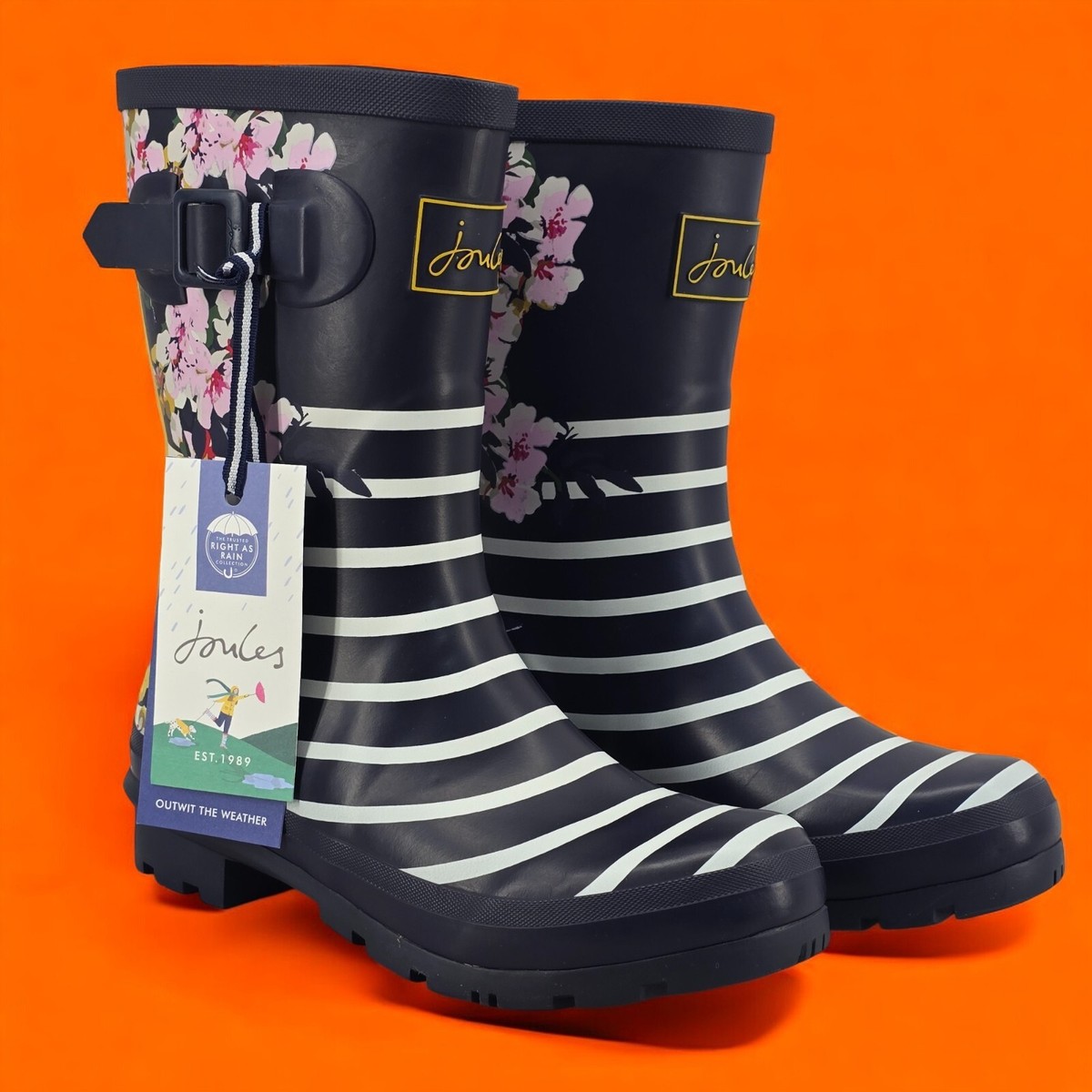 New Joules Rain Boots Mid Calf Molly Welly Stripe Floral Size US: UK: