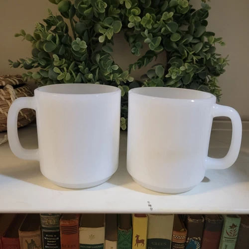Glasbake Vintage White Milk Glass Coffee Mug 77 Stackable USA Set Of 2 Pcs Rare