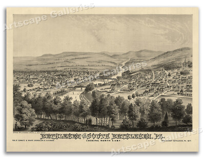 Bird's Eye View 1877 Bethlehem Pennsylvania Vintage Style City Map - 18x24