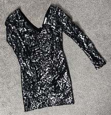 BNWT MANGO BLACK SILVER FLORAL LACE RUFFLE PUFF SLEEVE V NECK BACK MINI DRESS M