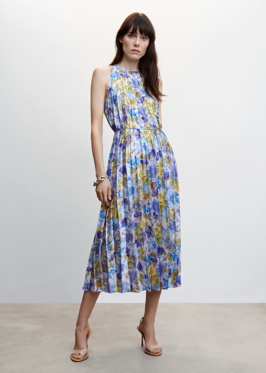 MANGO Watercolor Floral Print Pleated Column Midi Dress Sz 6