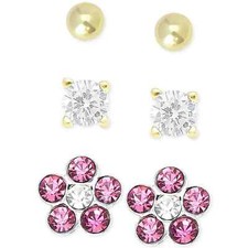 Girls Stud 18K Gold Over Sterling SilverTrio Earrings Set 60