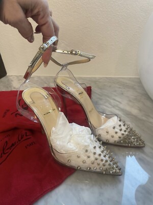 Christian Louboutin Spikoo PVC Spike Studded Gold Sling Christian Louboutin Spikoo PVC Spike Studded Gold Sling