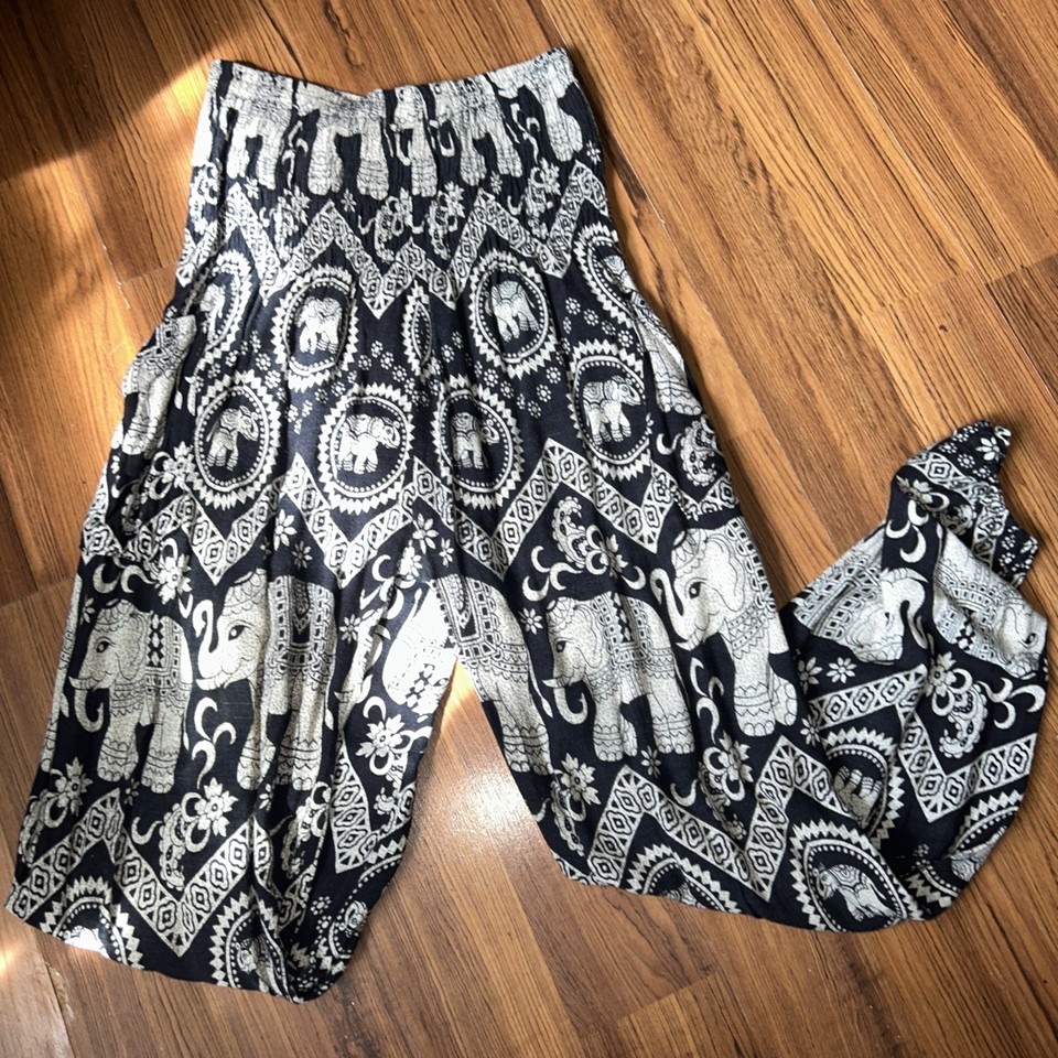 Stretchy Tribal Elephant Print Hareem Pants Dark Green Boho (One Size Fits Most)