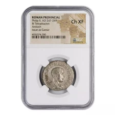 Roman Provincial Philip II, AD 247-249 BI Tetradrachm Anioch NGC Ch XF