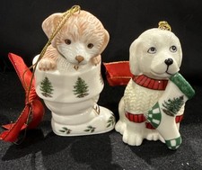 Lot of 2 Spode Dog Christmas Tree Ornaments Stocking Sweater Handcrafted