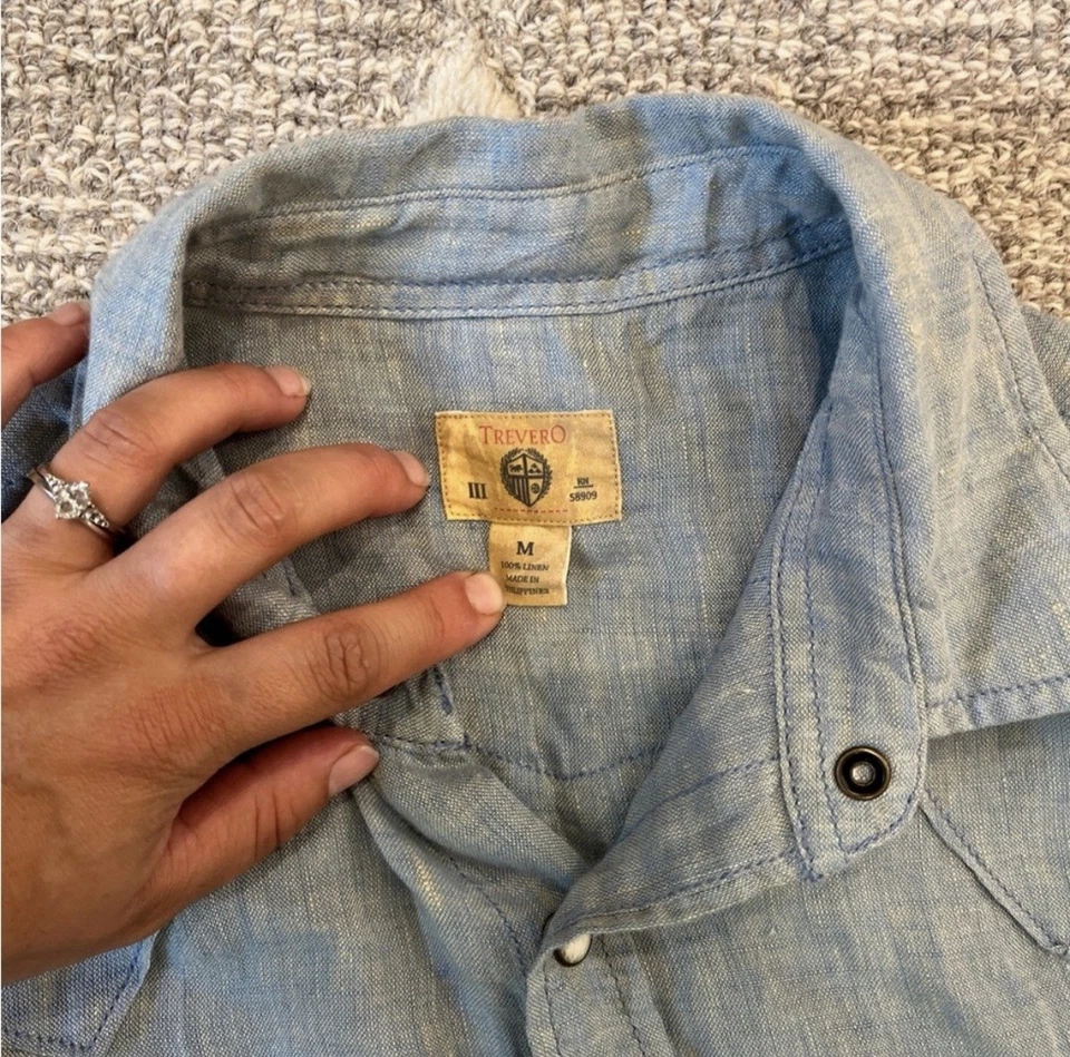 Tre Vero Linen Lightweight Blue Button Down Mens Medium - Image 4 of 4