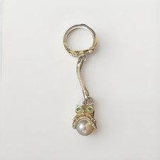 Vtg Owl Act ll Key Ring W/Faux Pearl Belly And Green Jewel Eyes Handbag Decor