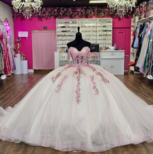 Sweet 15 Quinceanera Dresses Pink 3D Flowers Off The Shoulder Party Ball Gowns