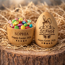 Scuoti uova di Pasqua in legno con nome inciso, bimbo felice pasqua, cesto pasquale regali
