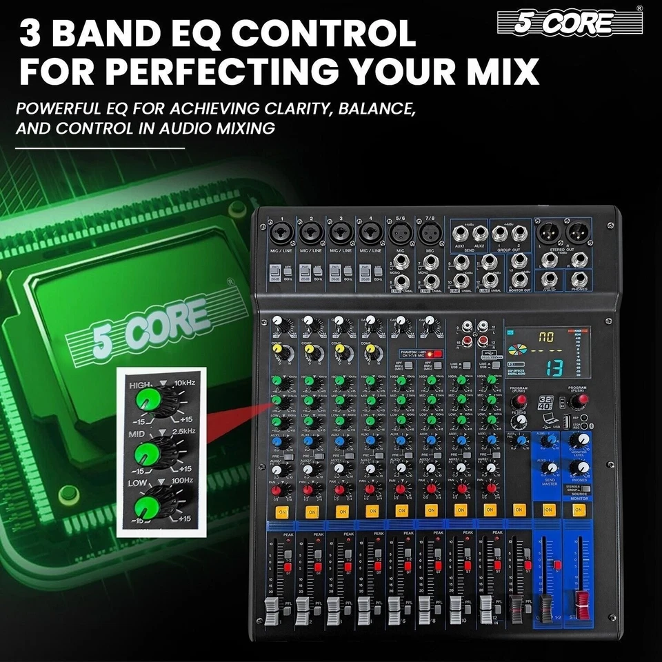 5Core Audio Mixer 12 Channel DJ Soundboard USB Interface Bluetooth XLR Console - Image 4 of 4
