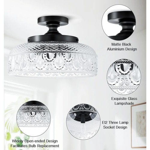 Semi Flush Mount Ceiling Light, 3-E12 Bulb Light Fixture, Black, by Lemomo - Picture 4 of 7