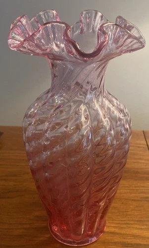 Vintage Fenton Art Glass Vase Cranberry Red Ruffled Edge Swirl Body 10.5"