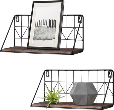 Floating Shelves Wall Mounted Set of 2 Rustic Wood Storage Display Shelf with Me