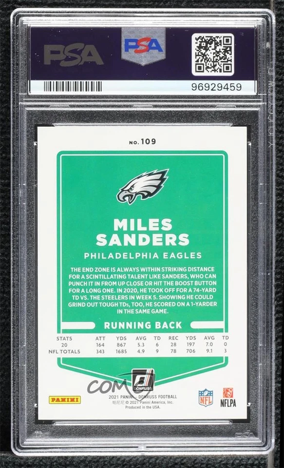 2021 Panini Donruss Season Stat Line /5 Miles Sanders #109 PSA 10 GEM MT - Image 2 of 2