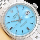 ROLEX DATEJUST 1601 AQUA BLUE DIAL 18K WHITE GOLD STEEL FOLDED BRACELET WATCH
