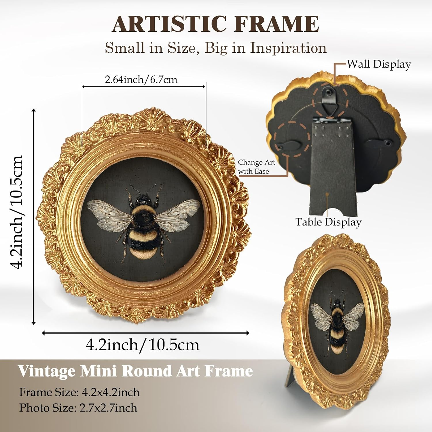 Vintage Bee Small Round Picture Frame 4in, Dark Gothic Black Mini Gold ...