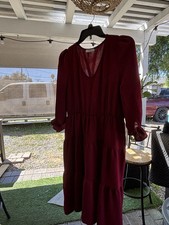 A New Day Red Tiered Midi Dress Puff Long Sleeve V-Neck Size L