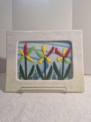 Fused Glass 3D Signed Art Piece 5''x7'' Flowers W/Ceramic Frame 10''x8''