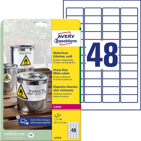Avery Zweckform Wetterfeste Folienetiketten L4778-8 Weiß 45,7 X 21,2 Mm, 8...-image