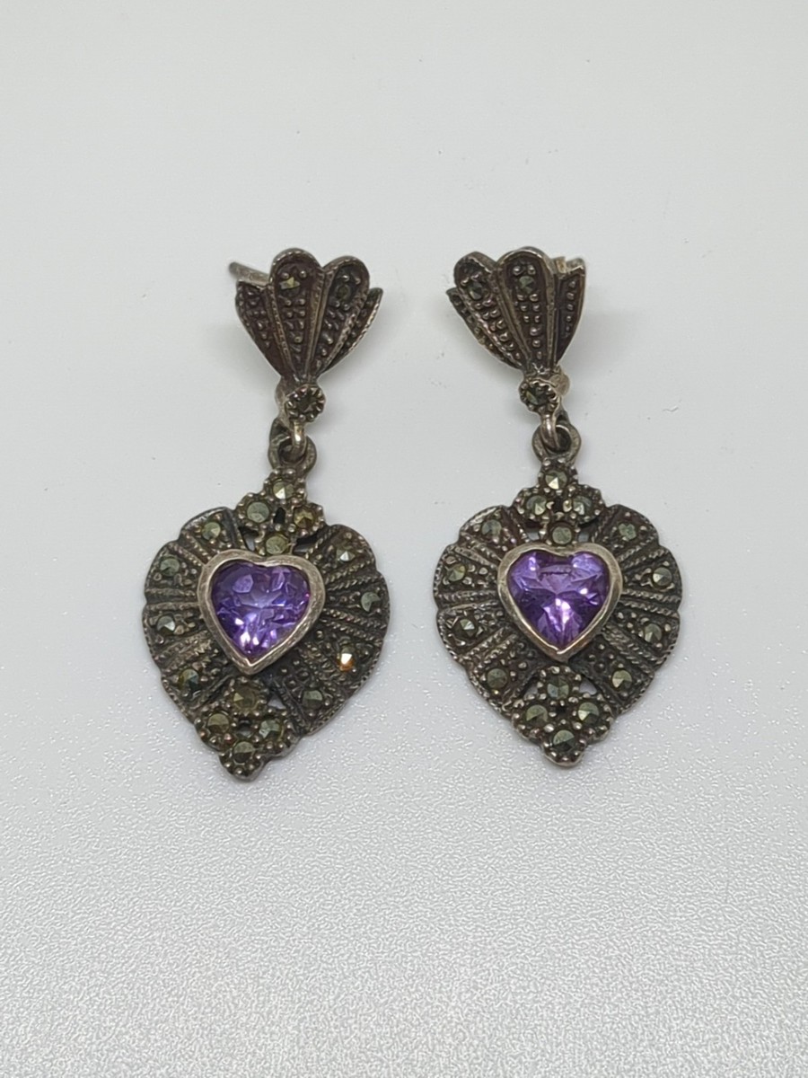 Vintage Sterling Silver 925 Heart Amethyst Marcasite Dangle Earrings