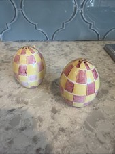 Retired Mackenzie Childs Wallcourt Yellow  Pink Ceramic Egg Shaped Salt  Peppe