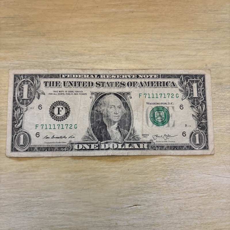 Trinary Fancy Serial Number,  One Dollar Bill F 71117172 G  2013